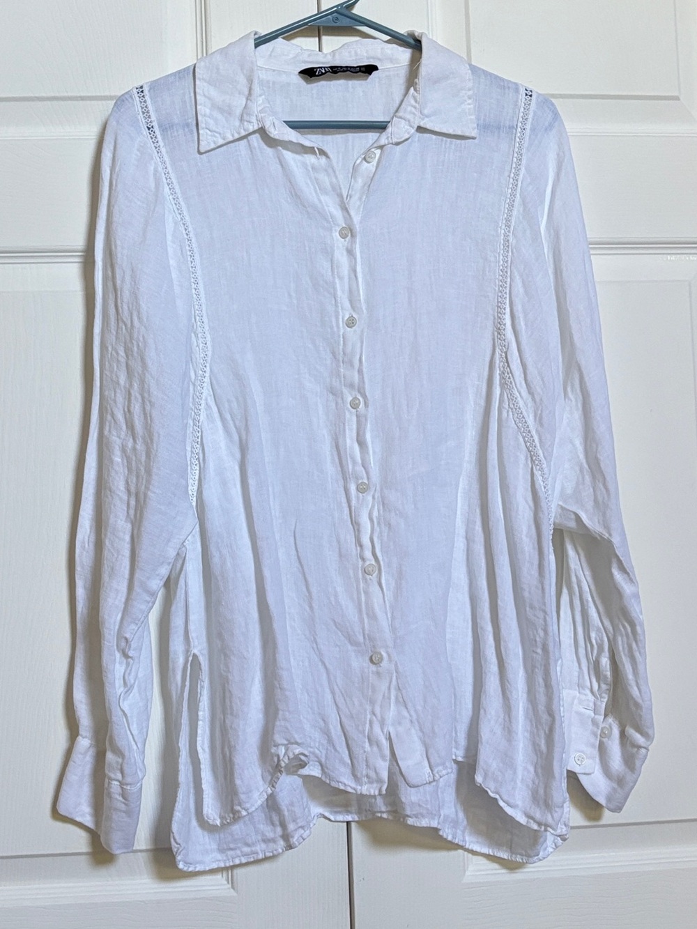 Zara Women’s White 100% Linen Button Front Shirt Blouse Size M Long Sleeve